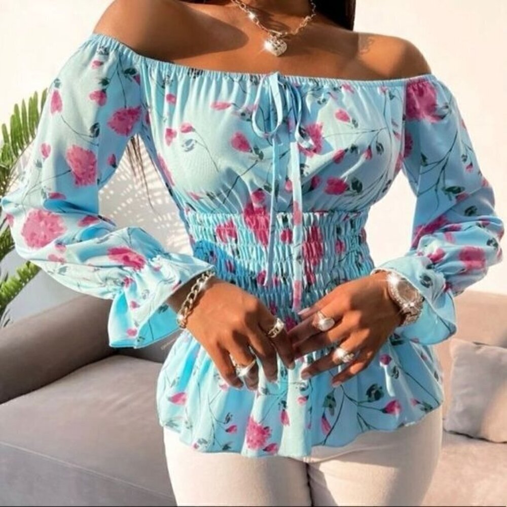 Sexy Floral Print Knot Front Shired Blouse